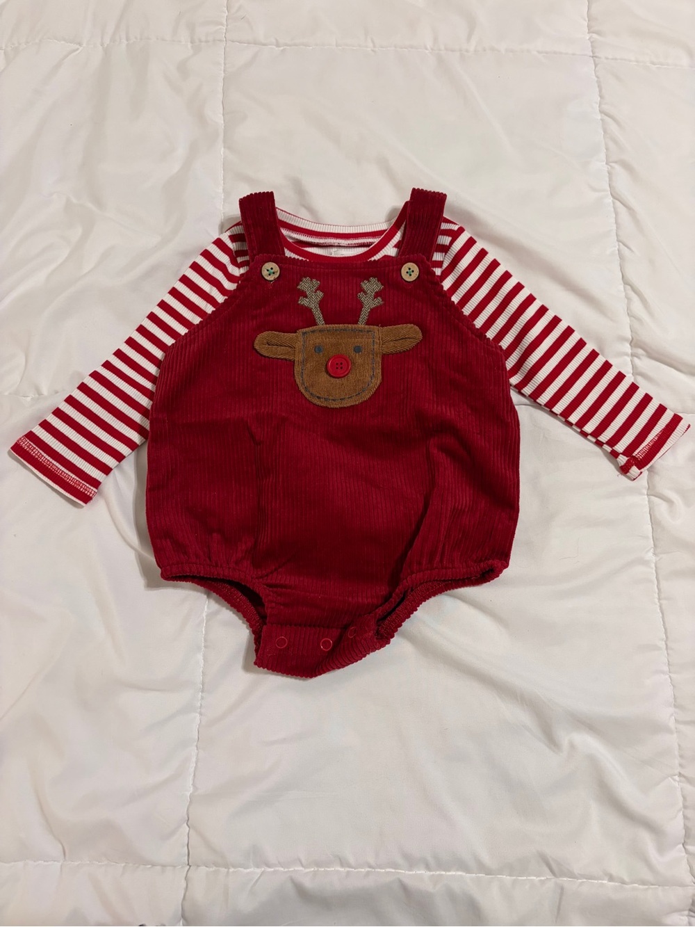 Mud Pie Red Corduroy Reindeer Bubble Romper with Striped Tee